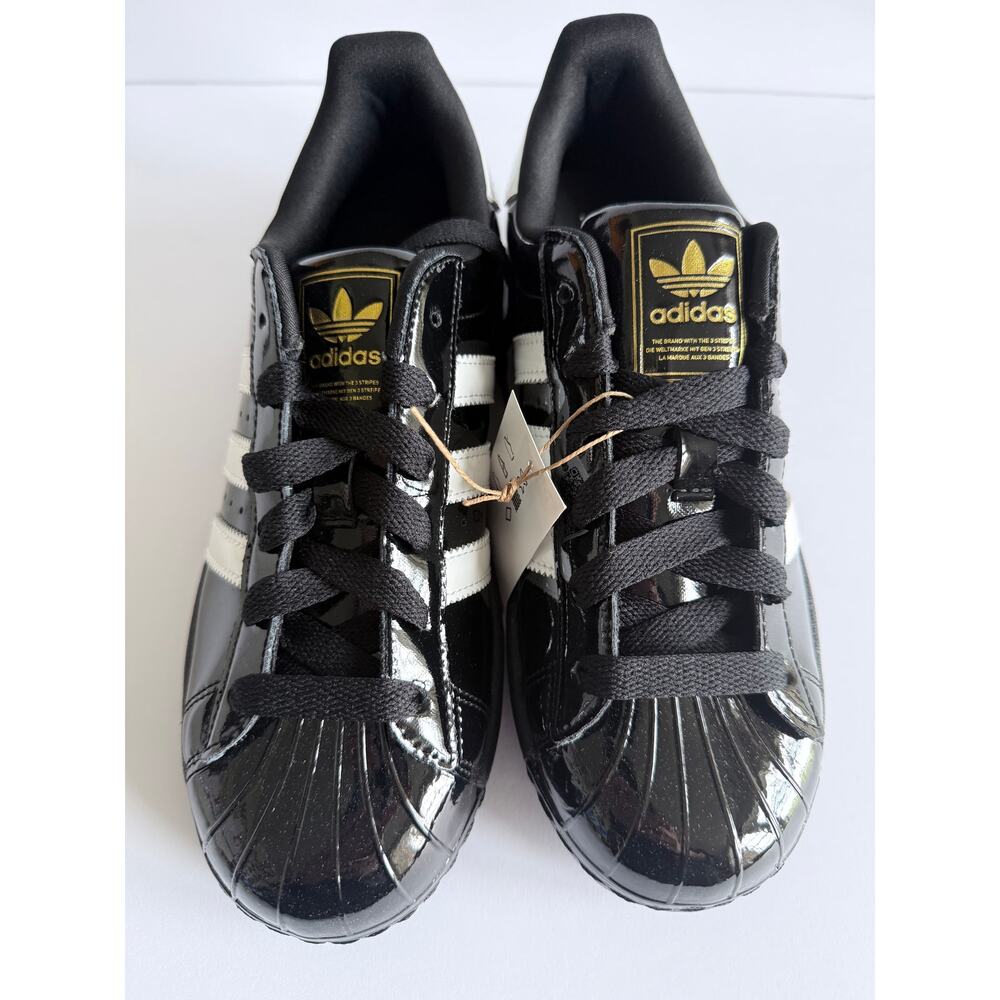 didas Superstar II W JS4009 Black Patent White Gold Women's 7.5 / UK 6 NWT